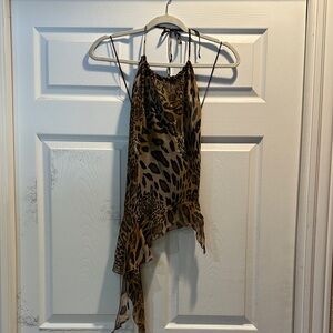 DKNY Jeans Y2K Leopard Chiffon Shine Backless Halter Top S Tank Top Festival